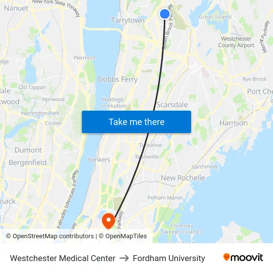 Westchester Medical Center to Fordham University map