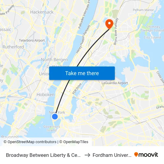 Broadway Between Liberty & Cedar St to Fordham University map