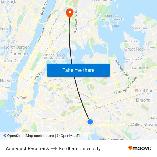 Aqueduct Racetrack to Fordham University map