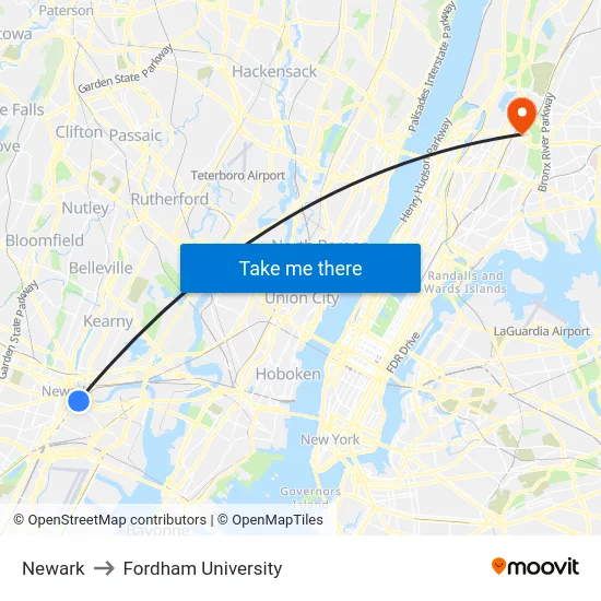 Newark to Fordham University map