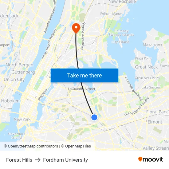 Forest Hills to Fordham University map