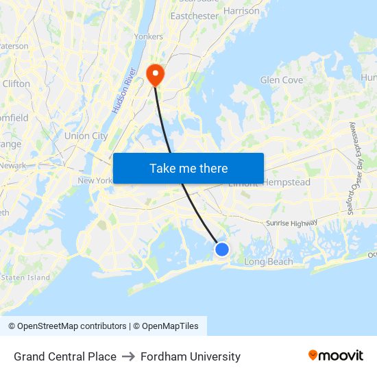 Grand Central Place to Fordham University map