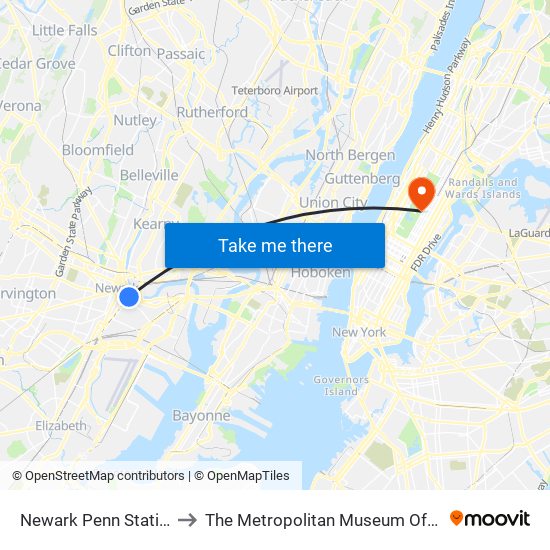 Newark Penn Station to The Metropolitan Museum Of Art map