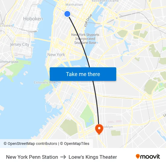 New York Penn Station to Loew's Kings Theater map