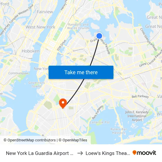 New York La Guardia Airport LGA to Loew's Kings Theater map