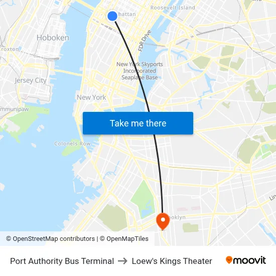 Port Authority Bus Terminal to Loew's Kings Theater map