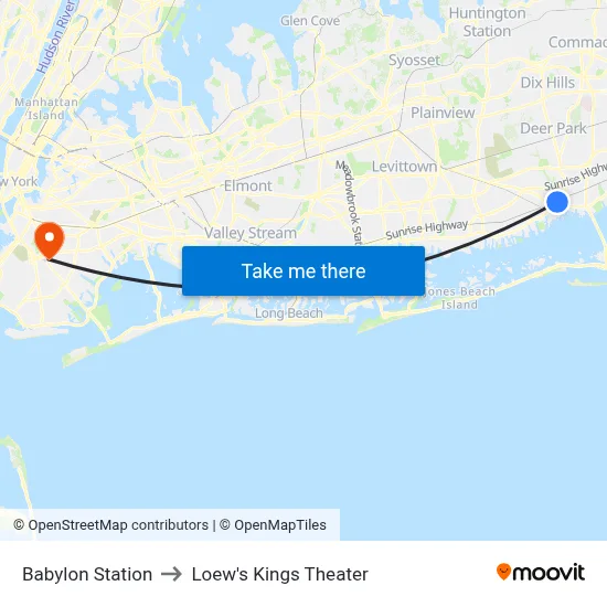 Babylon Station to Loew's Kings Theater map