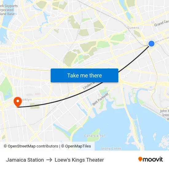 Jamaica Station to Loew's Kings Theater map
