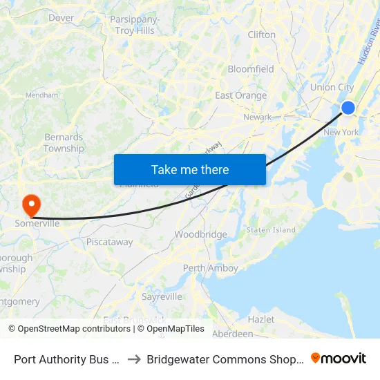 Port Authority Bus Terminal to Bridgewater Commons Shopping Center map