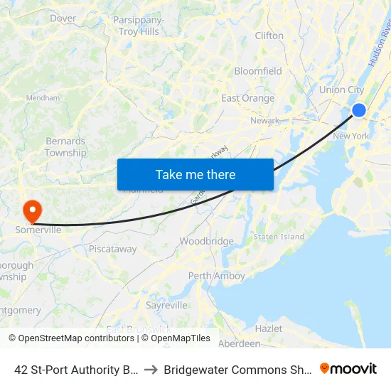 42 St-Port Authority Bus Terminal to Bridgewater Commons Shopping Center map