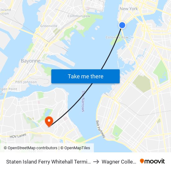 Staten Island Ferry Whitehall Terminal to Wagner College map