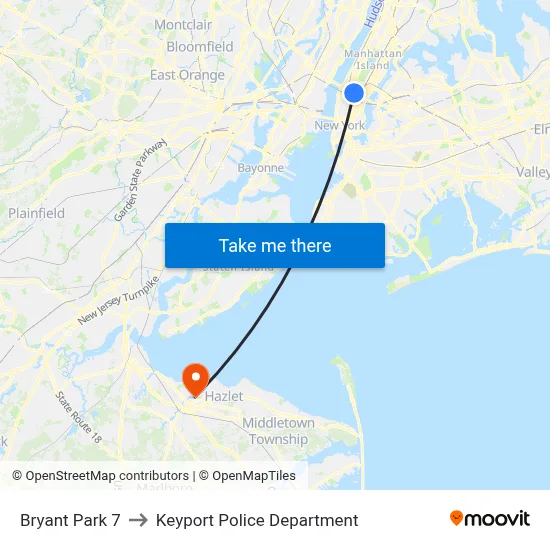 Bryant Park 7 to Keyport Police Department map