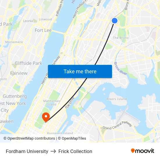 Fordham University to Frick Collection map