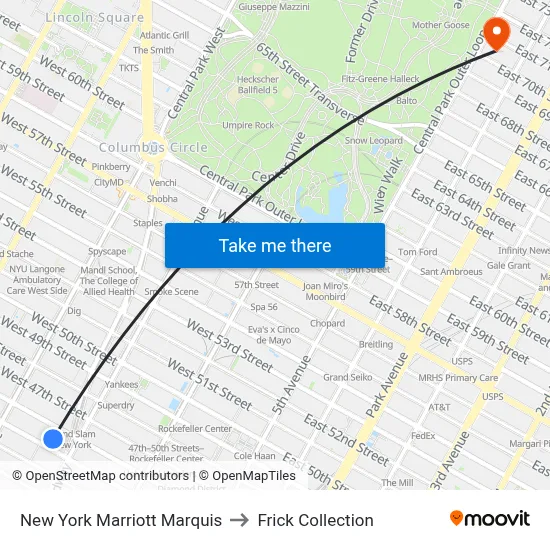 New York Marriott Marquis to Frick Collection map