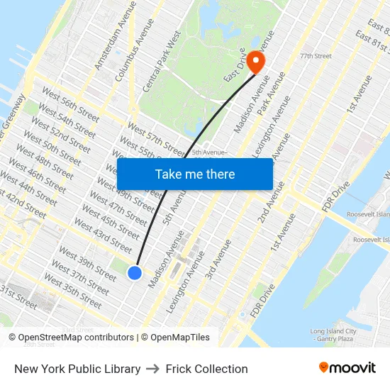New York Public Library to Frick Collection map