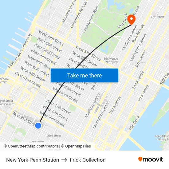 New York Penn Station to Frick Collection map