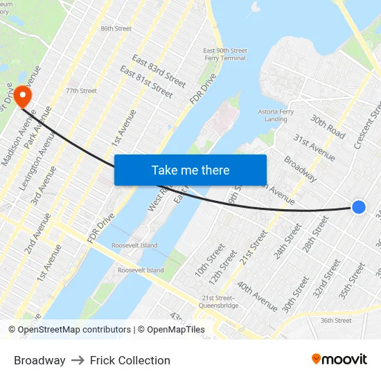 Broadway to Frick Collection map