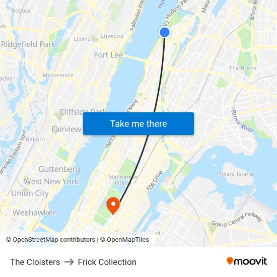 The Cloisters to Frick Collection map