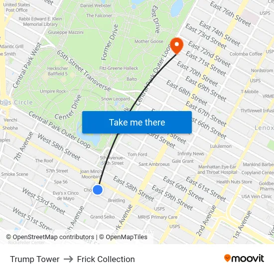 Trump Tower to Frick Collection map