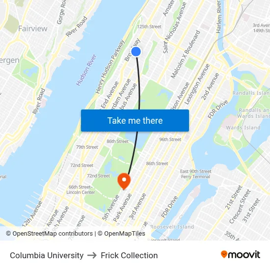 Columbia University to Frick Collection map
