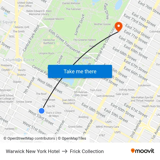 Warwick New York Hotel to Frick Collection map