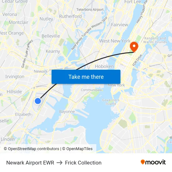 Newark Airport EWR to Frick Collection map