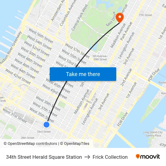 34th Street Herald Square Station to Frick Collection map