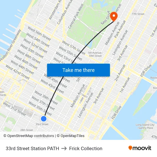 33rd Street Station PATH to Frick Collection map