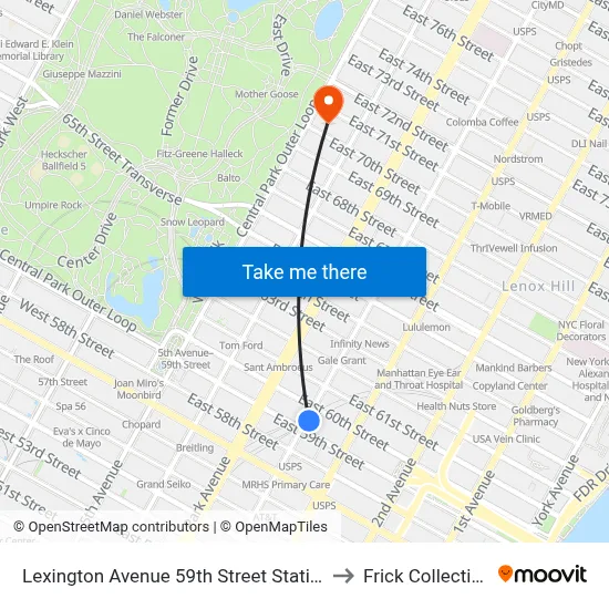 Lexington Avenue 59th Street Station to Frick Collection map