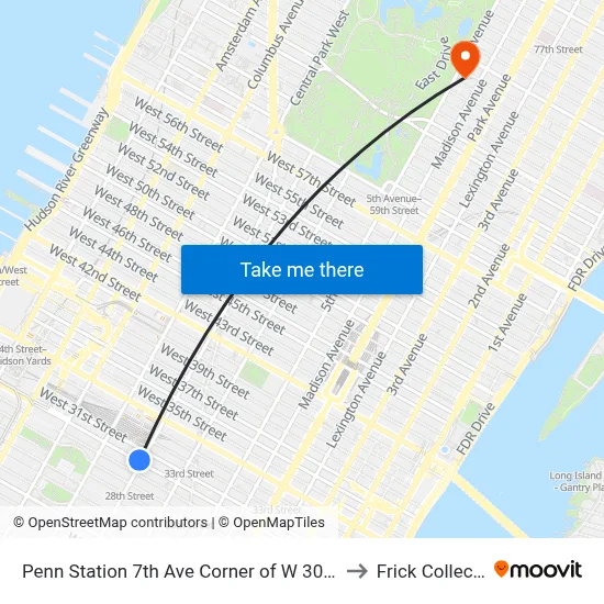 Penn Station 7th Ave Corner of W 30th Street to Frick Collection map