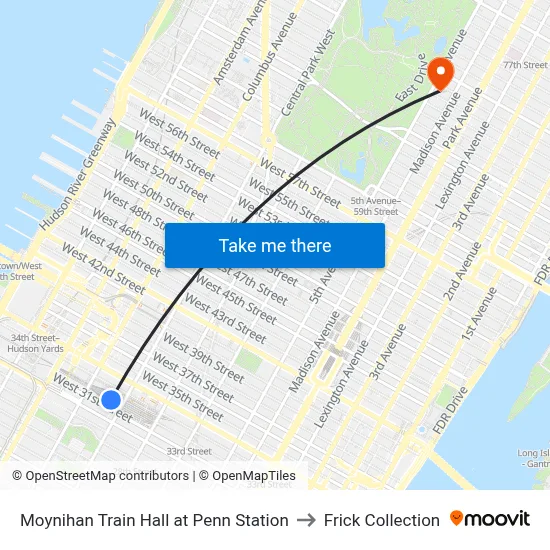 Moynihan Train Hall at Penn Station to Frick Collection map