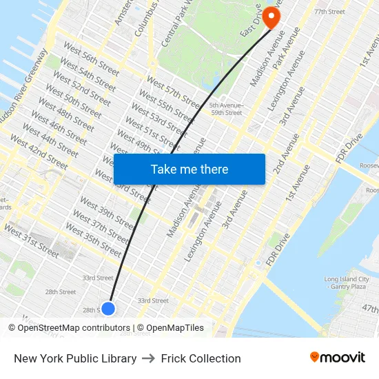 New York Public Library to Frick Collection map