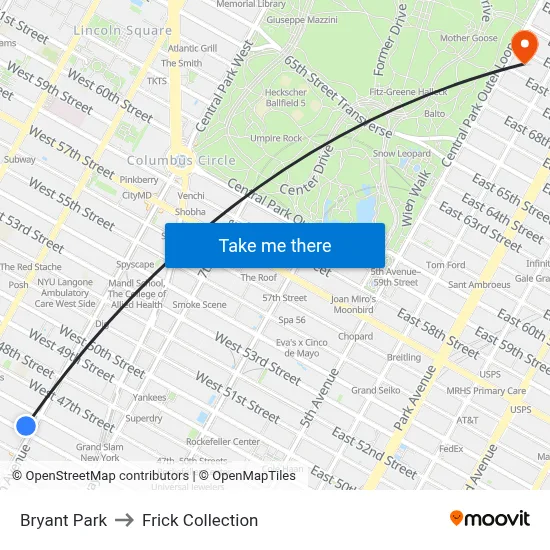 Bryant Park to Frick Collection map