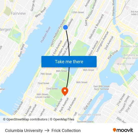 Columbia University to Frick Collection map