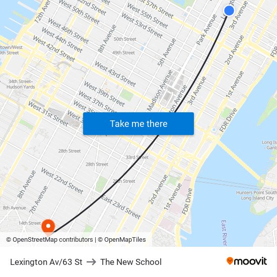 Lexington Av/63 St to The New School map