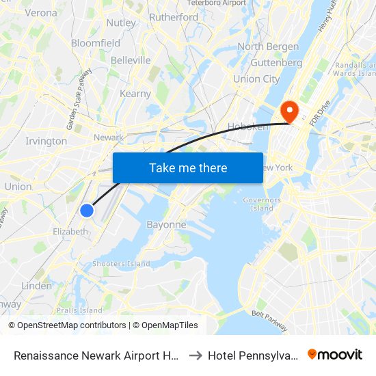 Rennaissance Newark Airport to Hotel Pennsylvania map