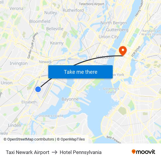 Taxi Newark Airport to Hotel Pennsylvania map