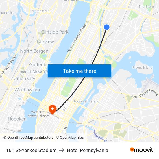161 St-Yankee Stadium to Hotel Pennsylvania map