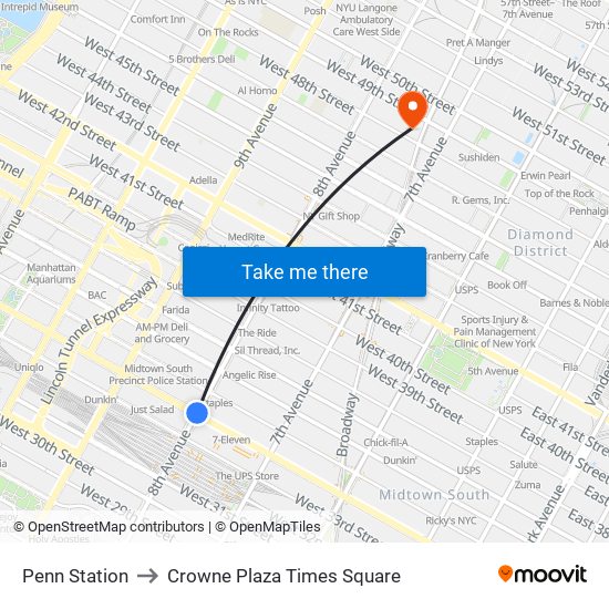 Penn Station to Crowne Plaza Times Square map