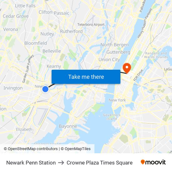 Newark Penn Station to Crowne Plaza Times Square map