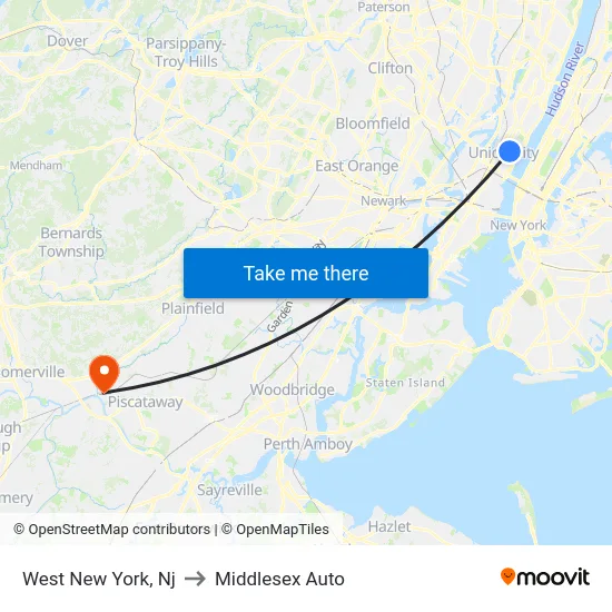 West New York to Middlesex Auto map
