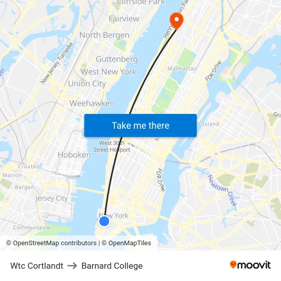 Wtc Cortlandt to Barnard College map