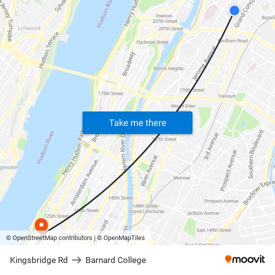 Kingsbridge Rd to Barnard College map