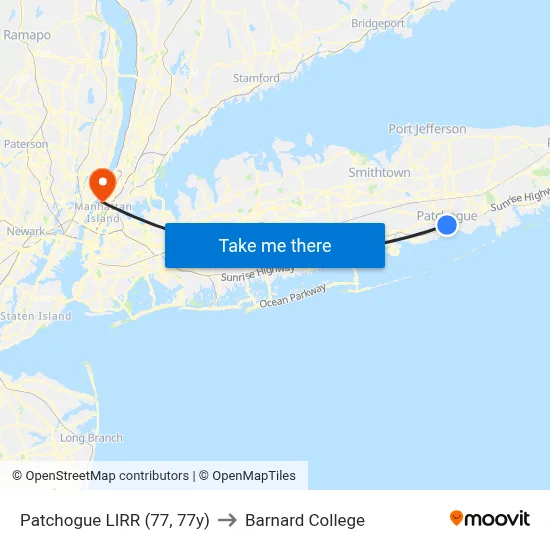 Patchogue LIRR (77, 77y) to Barnard College map
