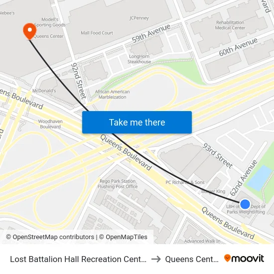 Lost Battalion Hall Recreation Center to Queens Center map