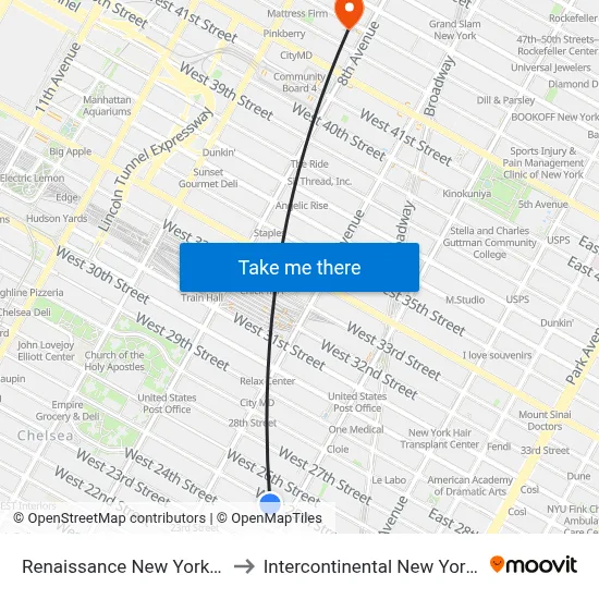 Renaissance New York Chelsea Hotel to Intercontinental New York Times Square map