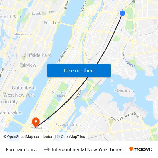 Fordham University to Intercontinental New York Times Square map