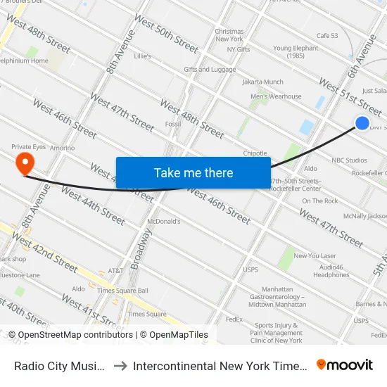 Radio City Music Hall to Intercontinental New York Times Square map