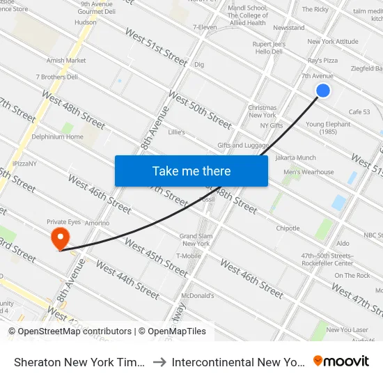 Sheraton New York Times Square Hotel to Intercontinental New York Times Square map