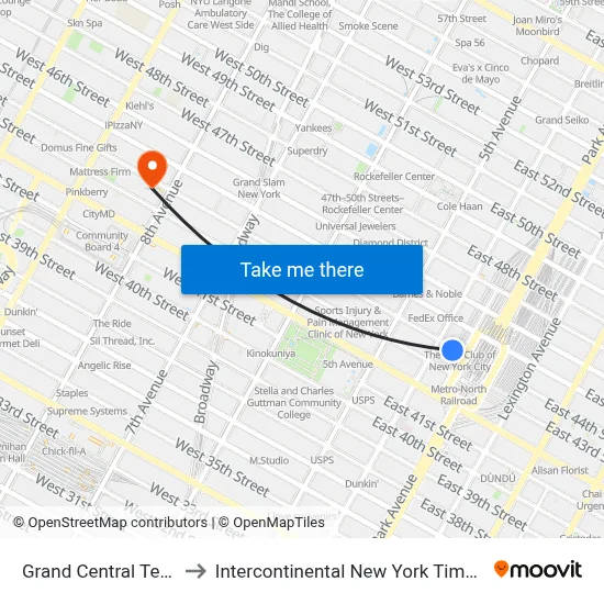 Grand Central Terminal to Intercontinental New York Times Square map